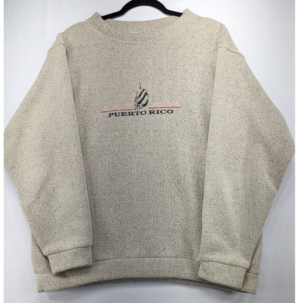 Basix USA Vintage San Juan‎ Puerto Rico Sweatshirt Large Beige Textured Cotton